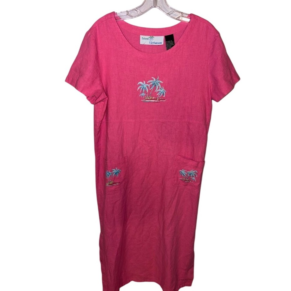 Island Influences Pink Linen Blend Palm Tree Embroidered Shift Dress Size 10
